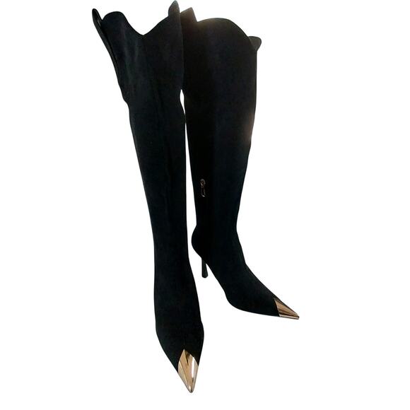 NWOT! FASHION NOVA! DONA BLACK VEGAN SUEDE, GOLD METAL POINTY TOE BOOTS! SZ 8.5M - Picture 1 of 11
